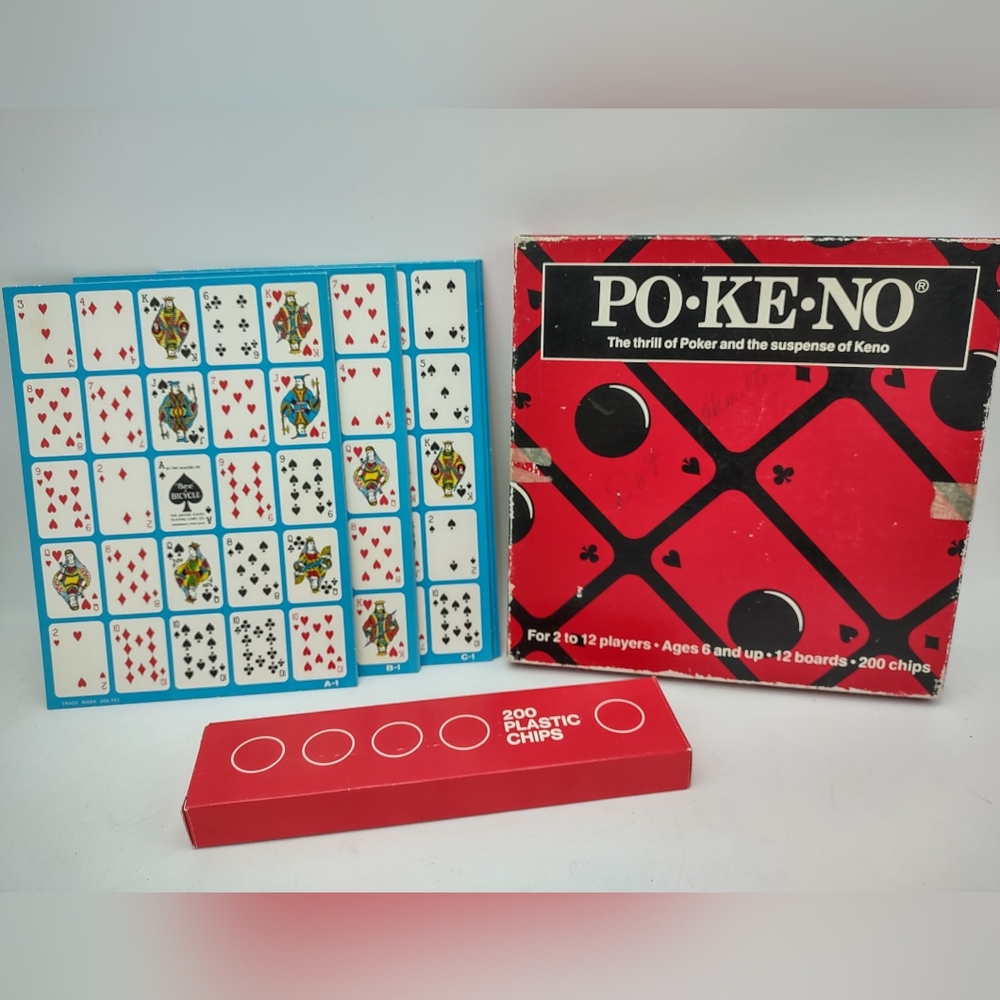 Vintage Set Po-Ke-No POKENO Poker-Keno Board Card Game 12 Board Set Chips
